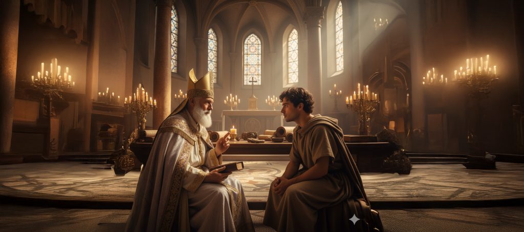 Saint Ambroise de Milan enseignant la foi chrétienne et défendant la doctrine de la Trinité.