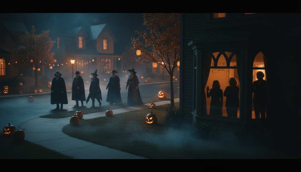 Des personnes déguisées marchent dans une rue d’Halloween ; derrière la fenêtre d’une maison sombre, des visages fermés les observent, partagés entre peur et envie.