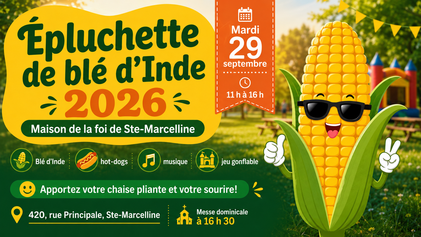 Participez à l’Épluchette de blé d’Inde de la Maison de la foi le 29 septembre 2026, 11h : repas, musique, jeu gonflable et messe à 16 h 30.