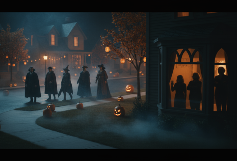 Des personnes déguisées marchent dans une rue d’Halloween ; derrière la fenêtre d’une maison sombre, des visages fermés les observent, partagés entre peur et envie.